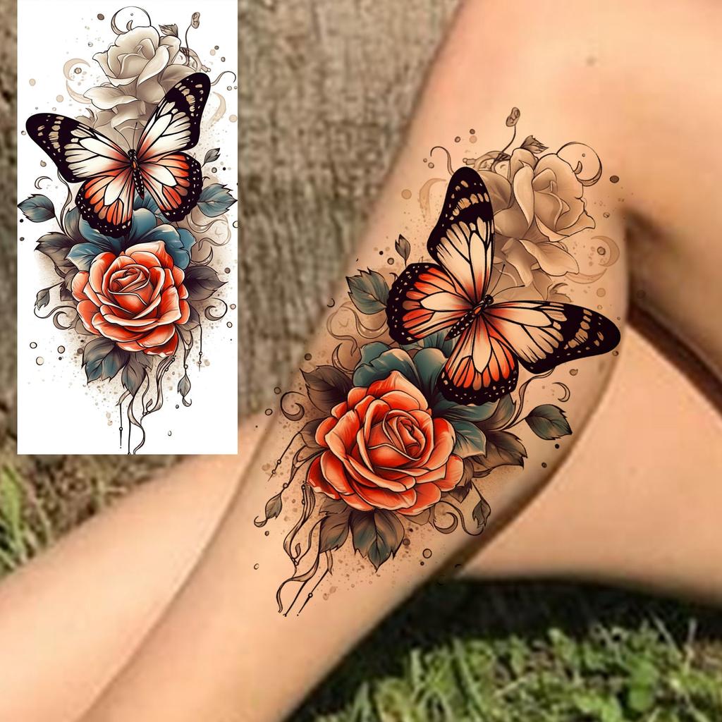 1 Sheet Butterfly Watercolor Flower Tiger Temporary Tattoos For Women Men Adults Fake Phoenix Parrot Lotus Tattoo Sticker Sleeve