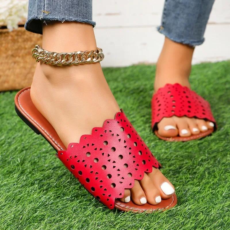 

Мода 2024 Лето Женская обувь Высокое качество Женские балетки Большой размер Однотонные С открытым носком Резиновая подошва Женские шлепанцы 43 красный