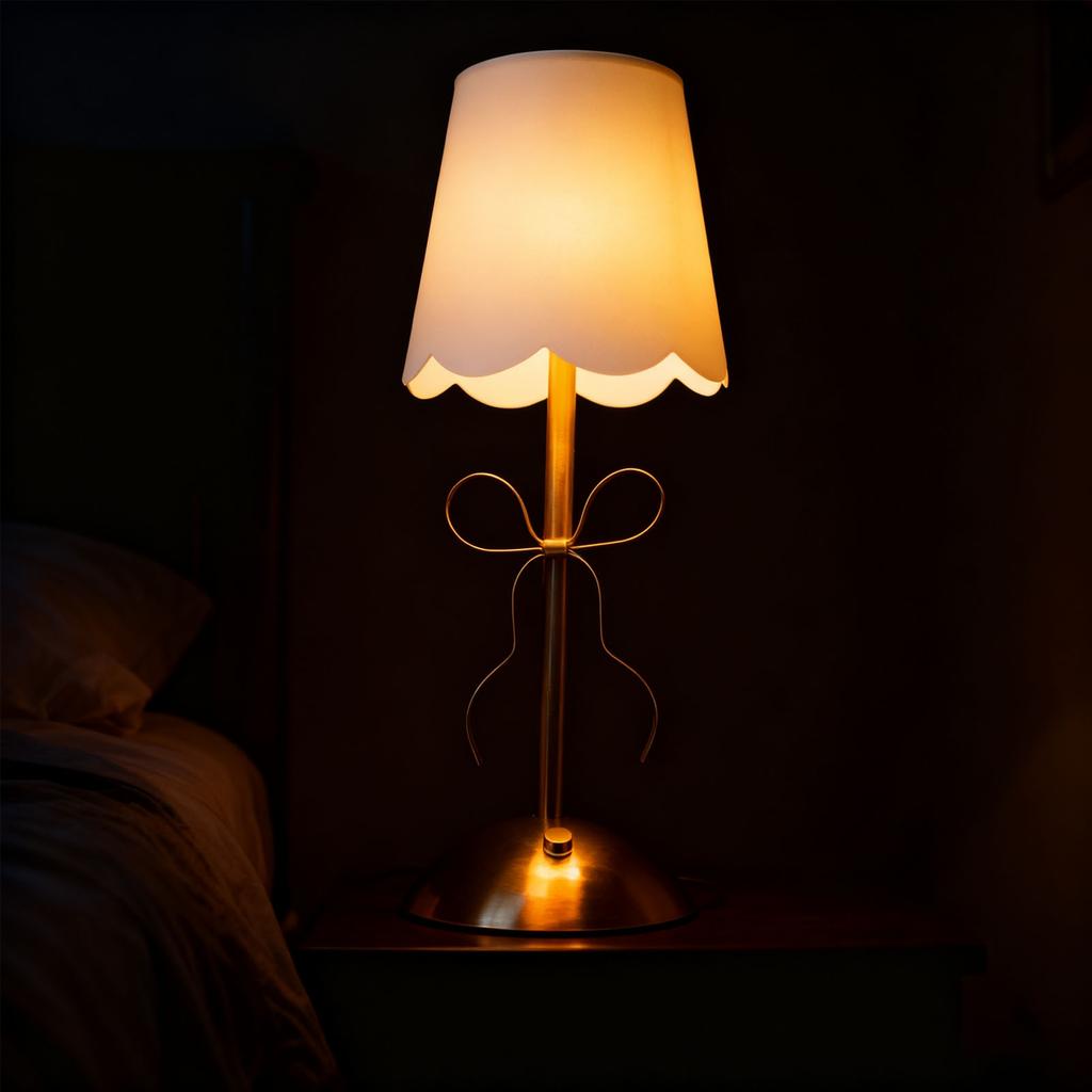Bow Table Lamp with Fabric Shade Cute Decorative Metal Rechargeable Cordless Bedside Lamp for Bedroom
