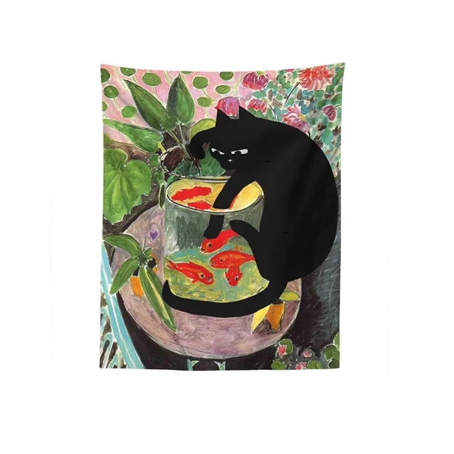 

1pc Tapestry Wall Hanging Cat & Goldfish Aesthetic Room Decor Tropical Plants Art Painting Print Dorm Bedroom Gift 90x150cm