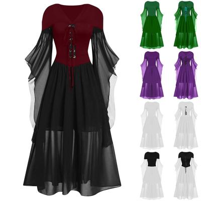 Women Casual Plus Size Cold Shoulder Dress Solid Color Lace Butterfly Sleeve Halloween Gothic Dress
