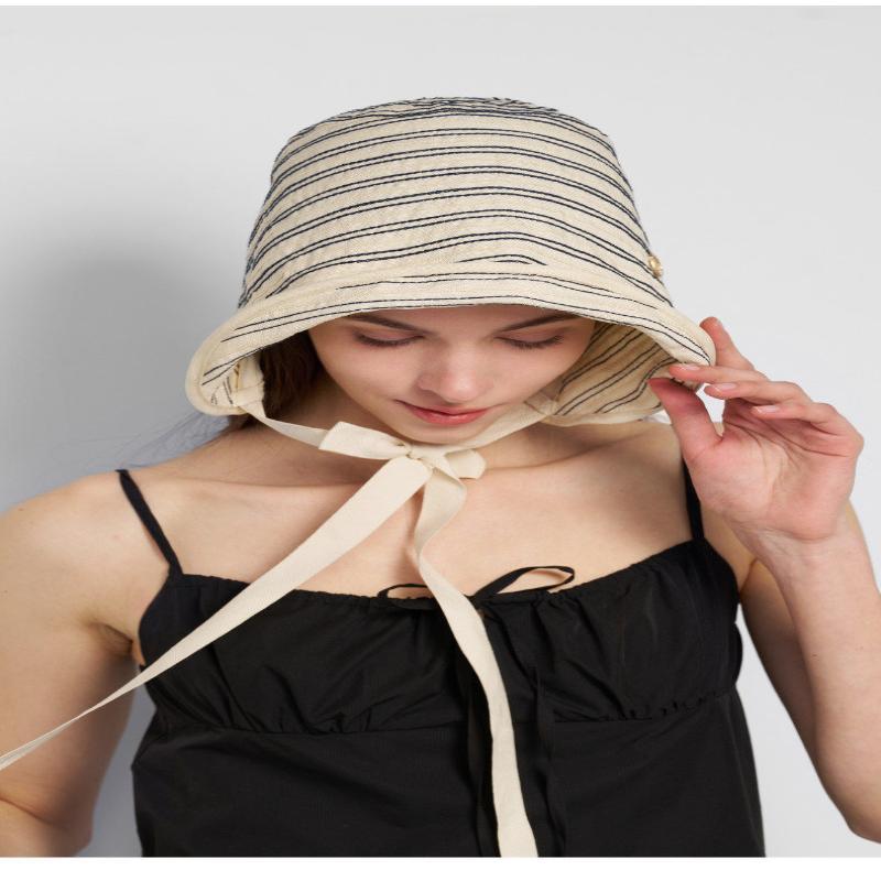 Breathable Striped Linen Sun Bonnet With Adjustable Chin Tie Uv Protection For Beach Vacation Outdoor Use