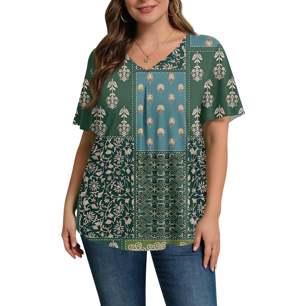Women's Plus Size Fashionable Casual Loose-Fit Short Sleeve Elegant V Neck Blouse For Work