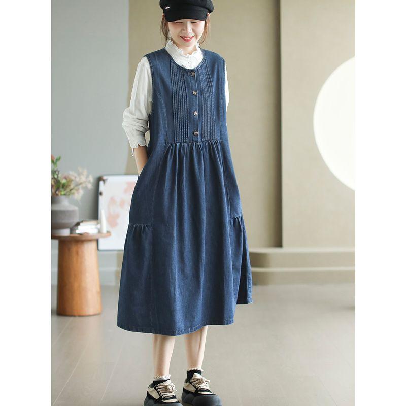 

Daile Original Autumn Retro Cotton Sleeveless Dress Women s Artsy Organ Pleated Half Open round Neck A- line Long Skirt Blue One size