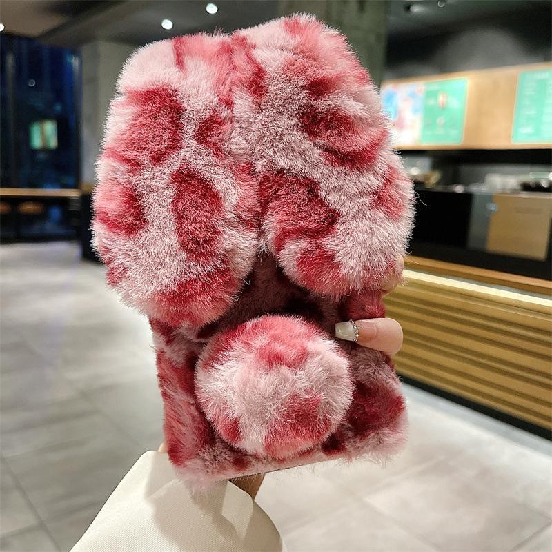 Custodia in Peluche con Stampa Leopardata Cartone Animato e Pelliccia di Coniglio per iPhone 17 Air 16 13 12 11 Pro Max XS XR X 7 8 Plus Copertura Antiurto