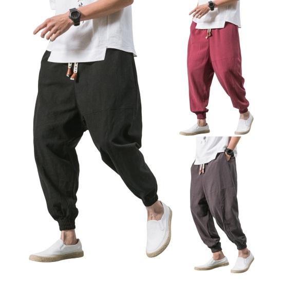 Summer Men Harem Pants Loose Ankle Length Pockets Pure Color Plus Size Japanese Style Deep Crotch Casual Daily Wear Long Trousers