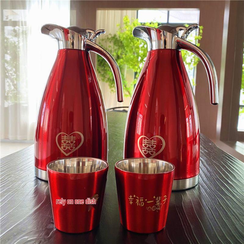 Red Stainless Steel Thermos Flask Set - Wedding Dowry Hot Water Bottles (Pair)