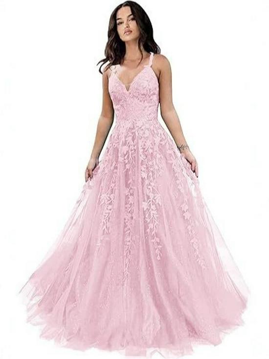 Elegante Abito da Sera in Rete Ricamata con Paillettes e Scollo a V Profondo