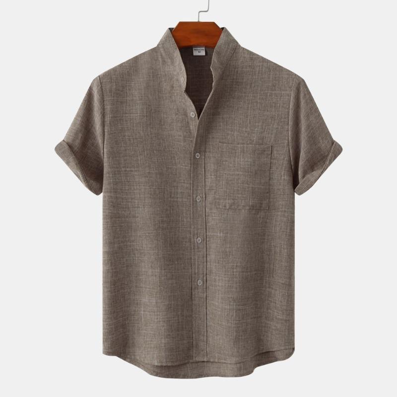 Men Stand Collar Half Placket Chest Pocket Short Sleeve Cotton Linen Shirt Solid Loose Breathable Casual Summer Blouse