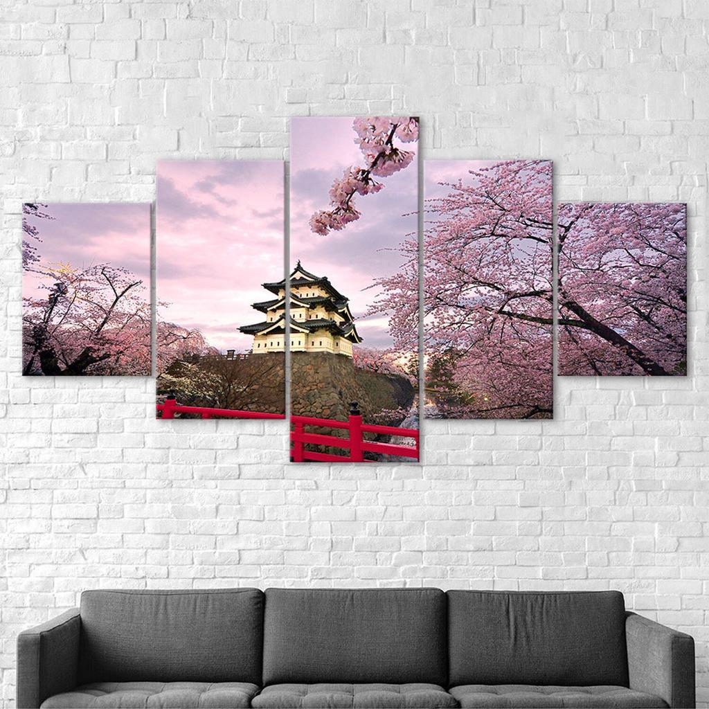 Japan Hirosaki Castle Cherry Blossom 5 Piece Five Panel Wall Canvas Print Modern Art Poster Picture Home Decor Gift For Him For Her
