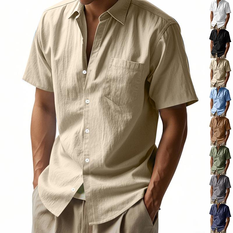 2025 Summer Men Short Sleeve Shirt Men Solid Color Patch Pocket Shirts Male Loose Lapel Linen Shirt Men Formal Beach Shirt