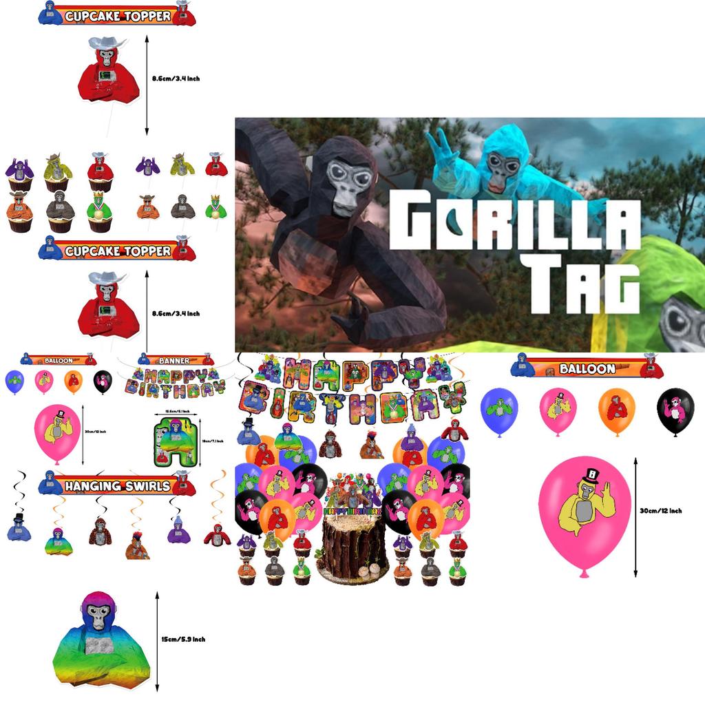 Gorilla Tag Birthday Party Decoration Set Spiral Balloon Arrangement With Cake Topper And Flag
