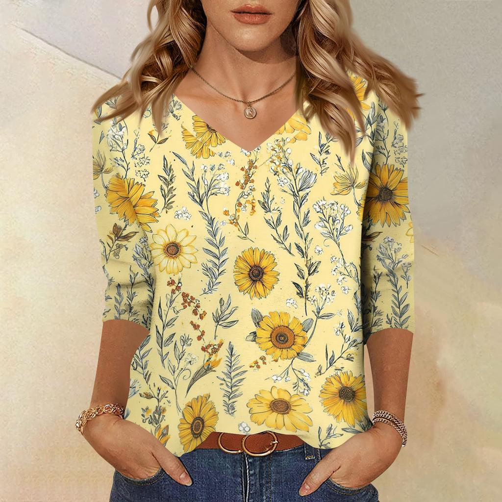 Women's Fashionable Casual V-Neck Three-Quarter Sleeve Printed T-Shirt Top