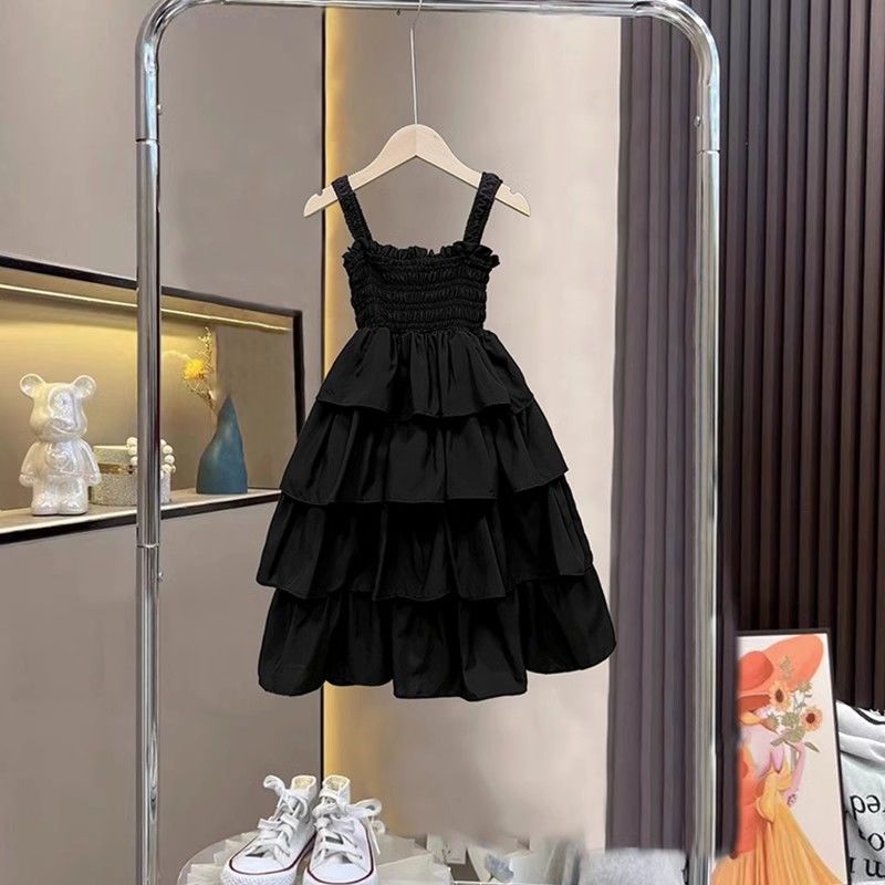 Summer Junior Girls Sling Dress Cotton Ruched Waist Sleeveless Toddler Girls Cake Dress Solid Versatile Kids Girls Dresses