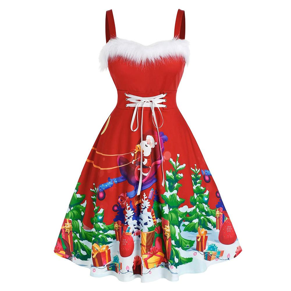 

Женское праздничное платье трапециевидной формы с рождественским принтом на бретельках L-5XL