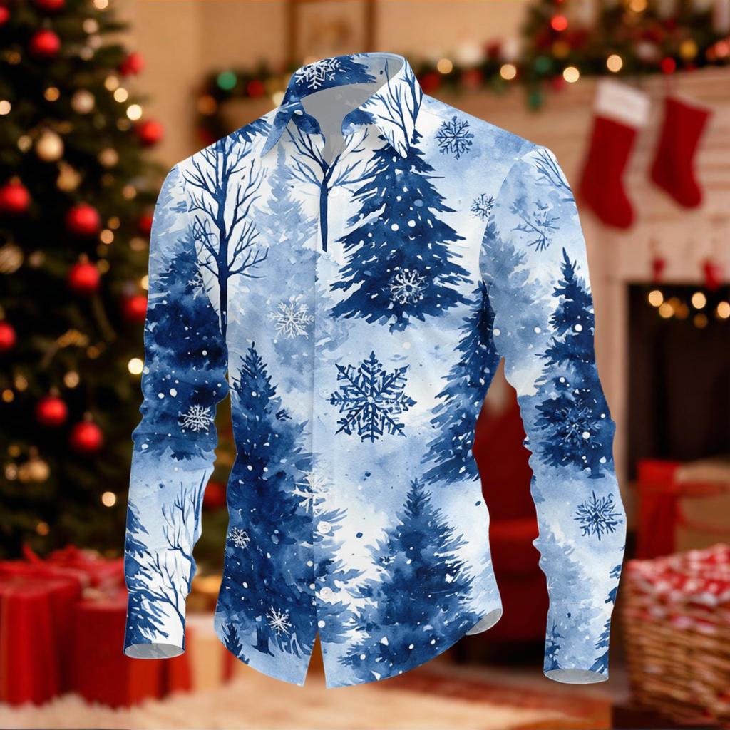 Men's Casual Long Sleeve Shirt with Christmas Print for Spring and Daily Wear
