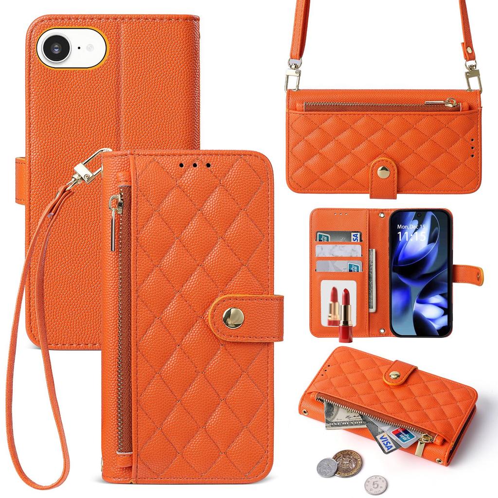 iPhone16e French Style Wallet Case: Card Slot, Zipper, Shoulder & Hand Straps, Crossbody Leather