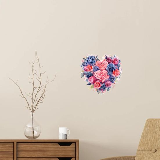 Watercolor Rose Heart Wall Stickers, Peel And Stick Pink Blue Floral Decals, Removable Waterproof PVC Flower Stickers for Bedroom Living Room