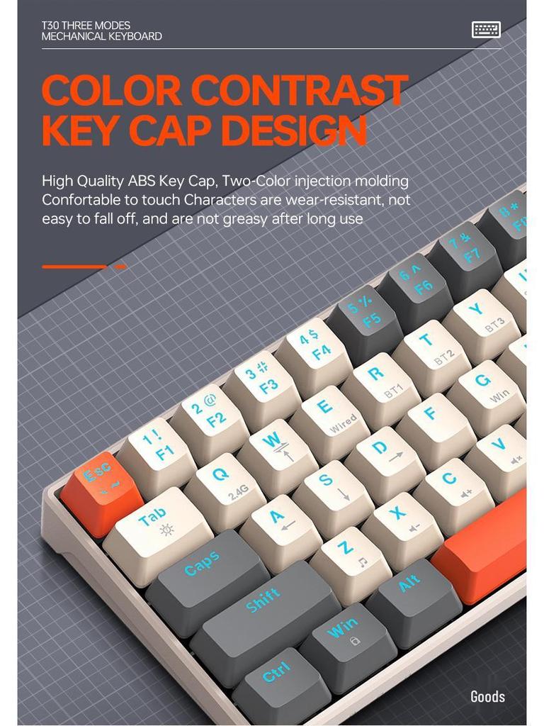 T-WOLF T30 Wireless RGB Mechanical Gaming Keyboard - Bluetooth, Three Modes, Blue Switches