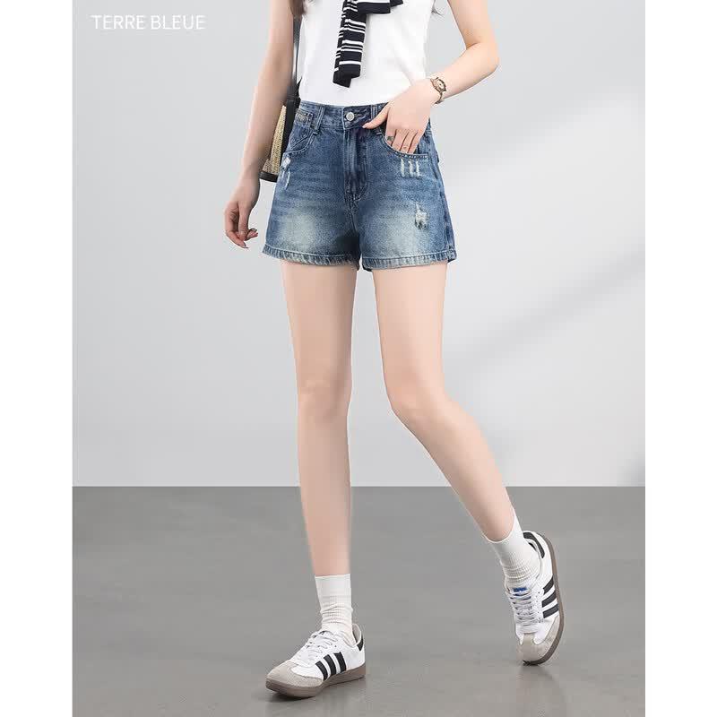 TERRE BLEUE Women's Retro High-Waist Wide-Leg Denim Shorts