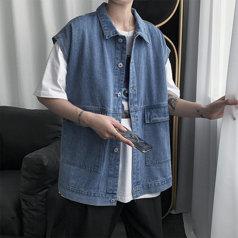 Väst Denimjacka Jacka Herr Vår och Höst Trend Koreansk Stil Lös Bf Stil Ärmlös Verktygsväst Väst