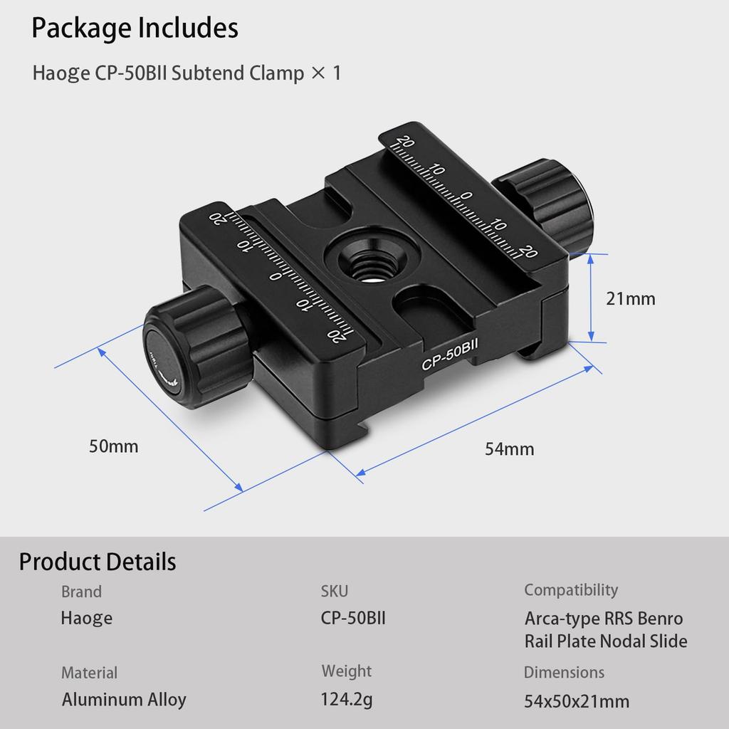 Haoge 50mm Subtend Double Dual Quick Release Clamp for Arca Swiss RRS Benro Rail Plate Nodal Slide CP-50BII