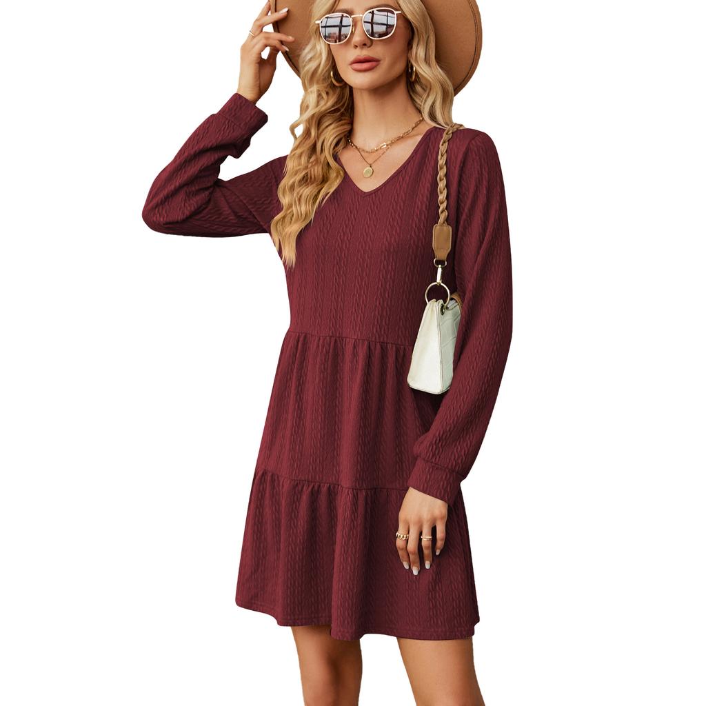 Spring and Autumn Women's Dress Solid Color V-Neck Splicing Long Sleeve Loose Dress A-line Dresses