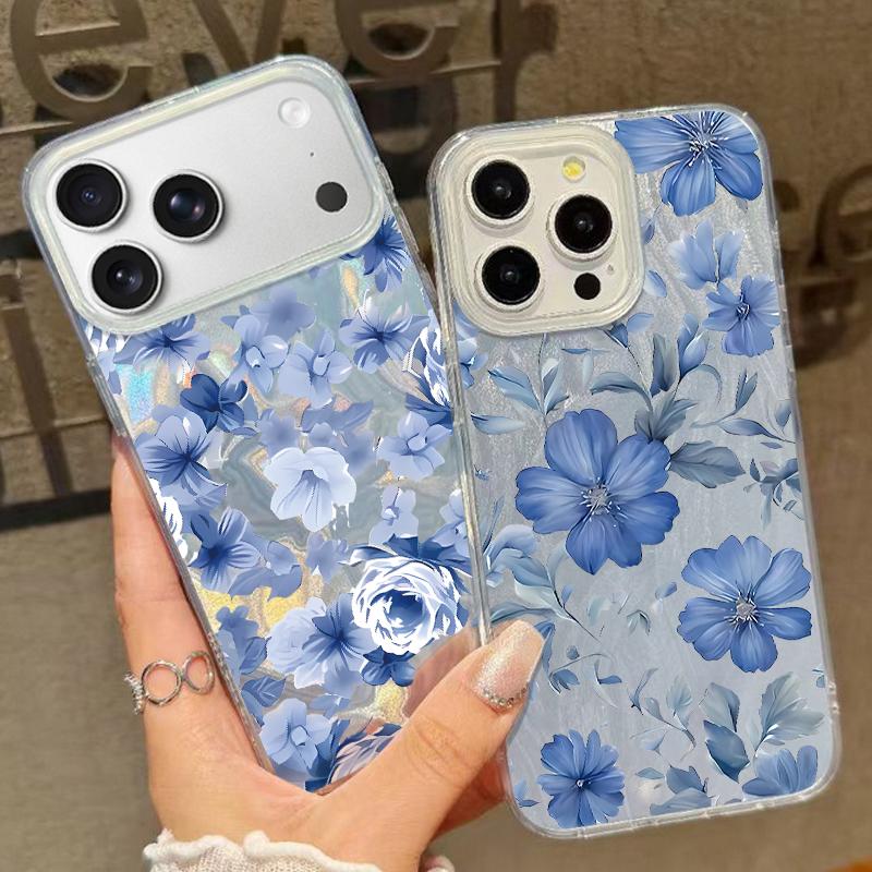 Blue Flowers Pattern Laser Phone Case For iPhone Air 17 16 15 14 13 15 Pro Max 16 15 Plus 13 17 Pro  Shockproof Hard Cover Funda