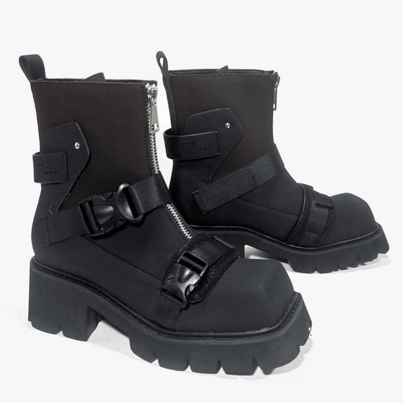 Mode 2025 Neue Klobige Plateau Kampfstiefel Damen Eckige Zehenpartie Mittlere Wade Schwarz Motorrad Stiefeletten Fleecegefüttert Herbst Frühling Trend