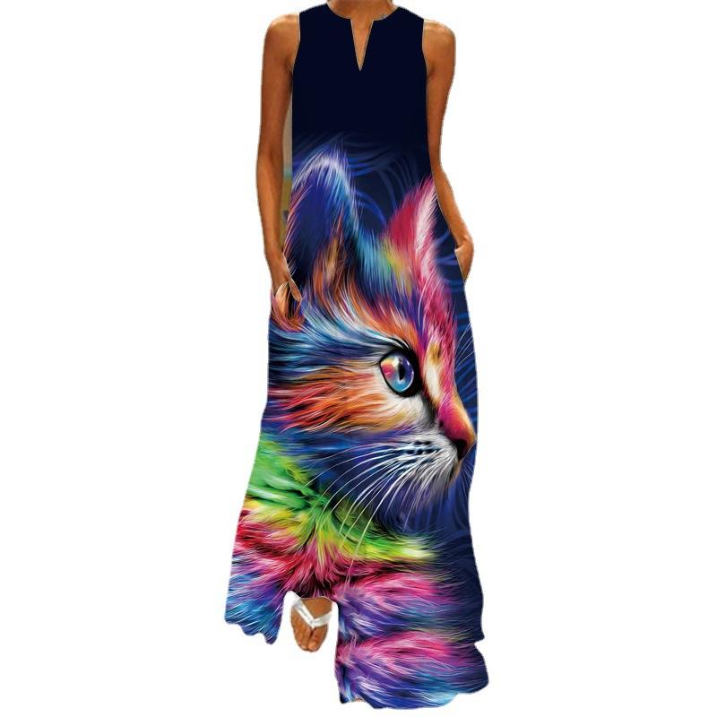 Vintage Dámské 3D tisk Boho Dlouhé šaty bez rukávů Letní móda Společenské šaty s výstřihem do V Dámské Ležérní Kapesní Tenké Vestido