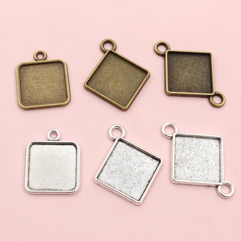 10pcs 15mm Inner Size Square Pendant Cabochon Blank Base Setting Alloy Metal Single/Double Loops DIY Jewelry Making Accessories