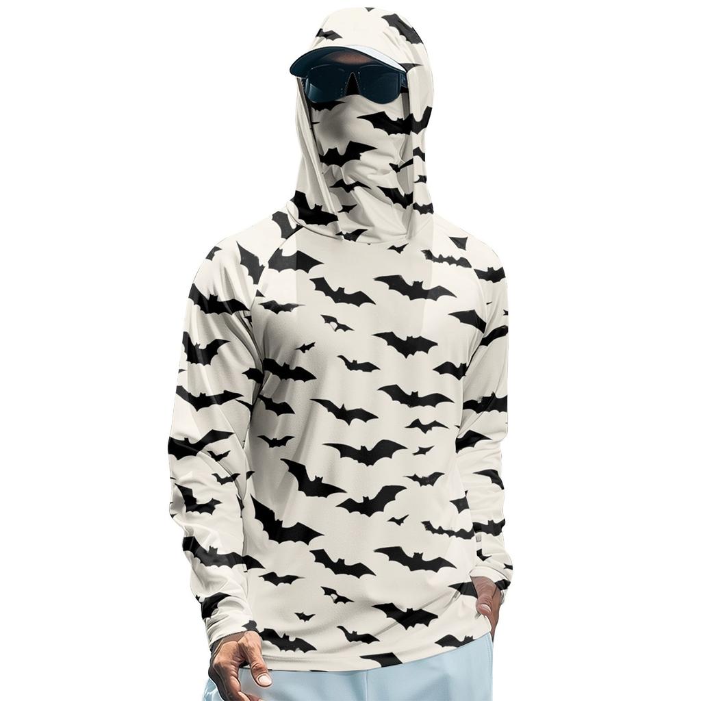 Funktions-Angel-Raglan-Hoodie für Herren mit Halloween-Print - UV-Schutz 50+ Langarm-Sonnenschutzshirt mit Mesh-Visier