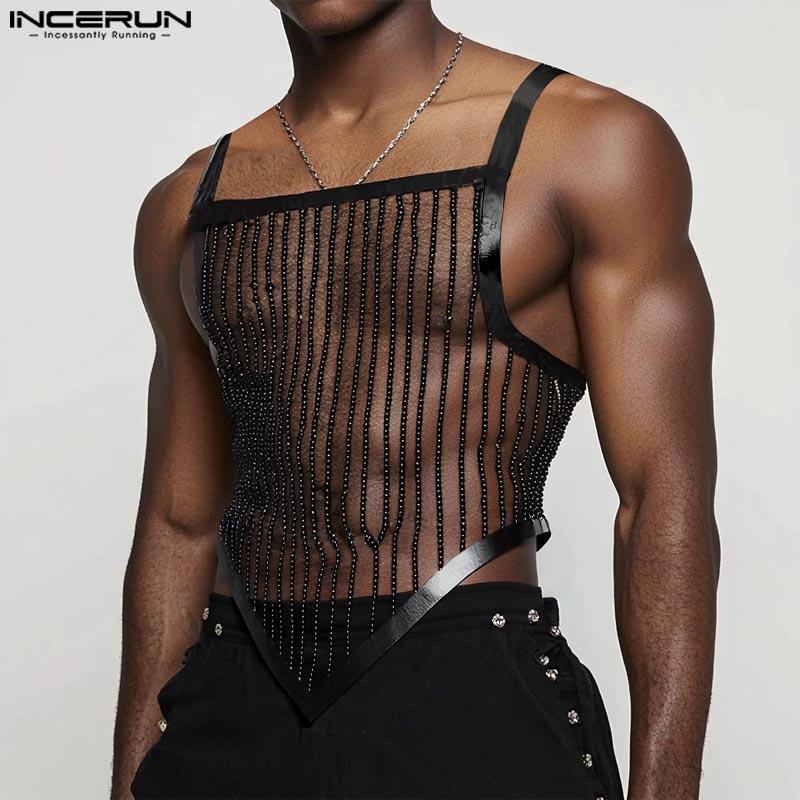 INCERUN Men Summer Strap Sleeveless Glitter See Through Mesh Party Irregular Tank Tops
