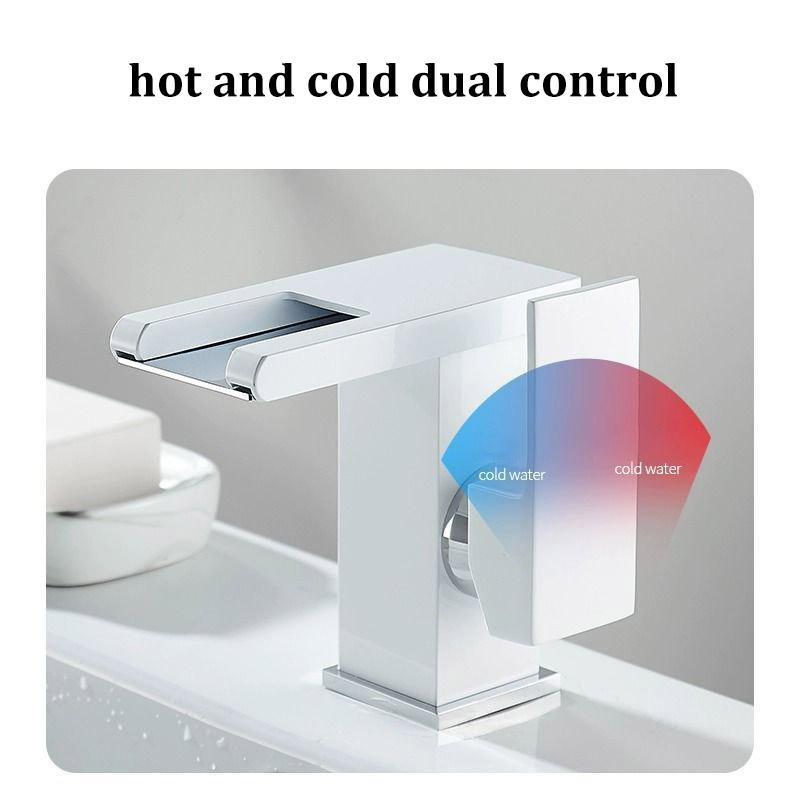 Bathroom 3-Color LED Waterfall Basin Faucet Sink Vanity Tap Household Hydro‑Power Temperature Color Changing Cold Hot Mixer Tap