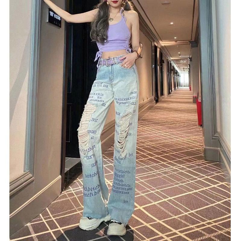 

Женские джинсы с буквенным принтом и рваными дырками, модные повседневные брюки больших размеров, свободные прямые уличные брюки для бойфренда, винтажный стиль y2k в стиле Харадзюку