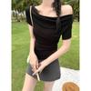 Einseitig schulterfreies T-Shirt mit Schwingkragen, freigelegtem Schlüsselbein, reiner Lust, Schulter, Damen, rechte Schulter, schmale Taille, kurzärmlig, sexy kurzes Top, Sommer