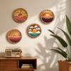 Retro Sunset Landscape Wall Art 4Pcs Boho Art, Abstract Round Hanging Ornaments, Modern Home Decor for Cafe Wooden Living Room Bedroom Hallway Office
