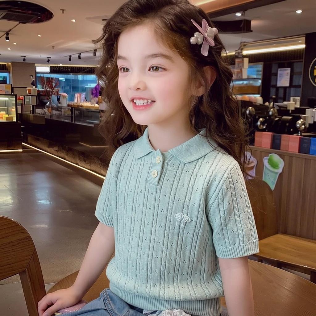 Girls' Academy Style Korean Short-Sleeve Knit Top