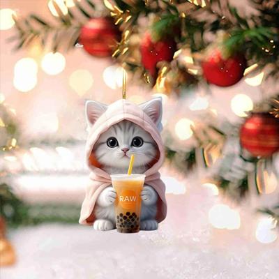 Car Hanging Pendant 2D Kitty In Hoodie Holding Milk Tea Figurine Lightweight School