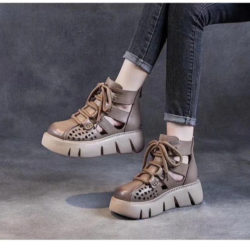 Nuevas sandalias de plataforma retro hechas a mano para mujer, de piel sintética, con cuñas Baotou huecas, zapatos de gladiador con cremallera trasera, suela gruesa, botas geniales