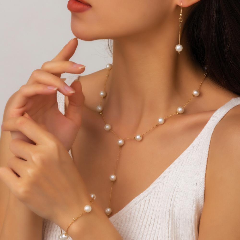 

Korea Designer 3pcs set Pearl necklace bracelet earrings set for women Luxury Wedding Bride Exquisite Jewelry Accessories Gift золотой