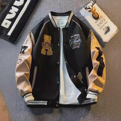 Giacca da baseball trendy da uomo: Primavera/Autunno, Maniche in Pelle a Contrasto Ricamate, Stile Casual Coreano