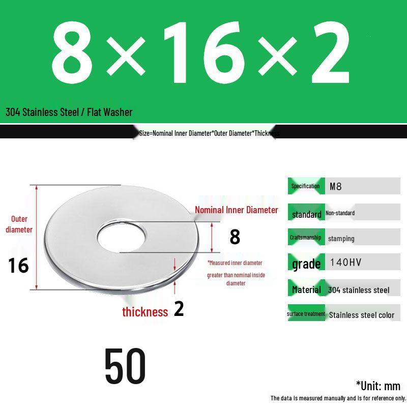 304 Stainless Steel Thickened Flat Washer Set, Sizes 2-36