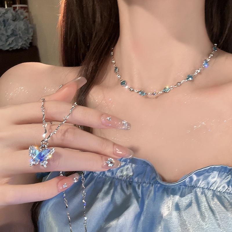 New Summer Wind Blue Butterfly Necklace Women's Premium Clavicle Chain Necklace Accessories