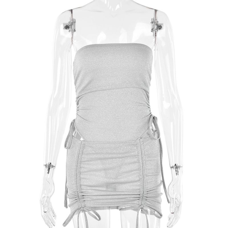 

Transitional Sexy European and American New Fashion Sexy Hip Skirt Drawstring Lace-up Slim Fit Skirt Dress Outfit Women Silver L
