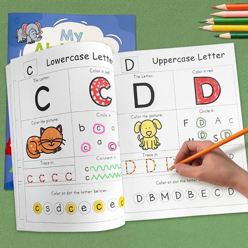 Caderno de Atividades Reutilizável de Escrita e Colorir para Pré-Escolares com Rastreamento de Alfabetos e Desenvolvimento da Coordenação Motora Fina