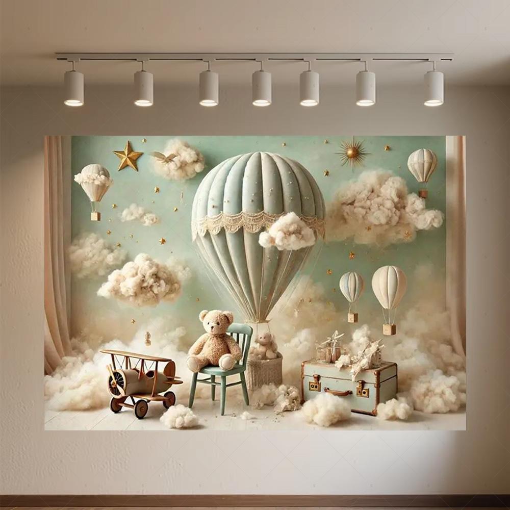 Cartoon Hot Air Balloon Teddy Bear Photography Backdrop Kids Birthday Party Decor Baby Shower Supplies Newborn Photo Shoot Prop