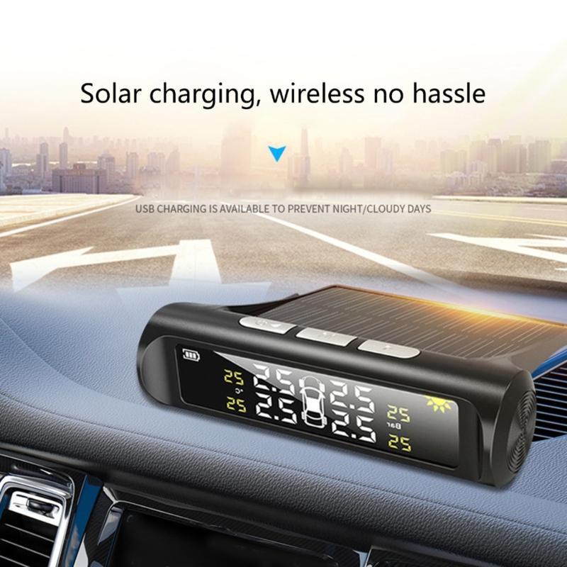 Wireless External Tire Pressure Monitoring System Color Screen Solar USB Double  Charging Vehicles Tire Pressure Monitor