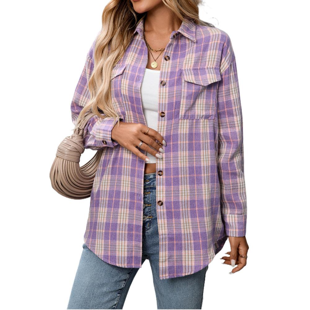 Women's Casual Button-Down Plaid Shirt, Long Sleeve Tie Front Top, Multiple Color Options