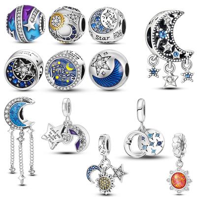 Moon Sun Star Galaxy Dangle Pendant Charms Beads Silver Color Fit Bracelet For Women Diy Jewelry Marking Gift